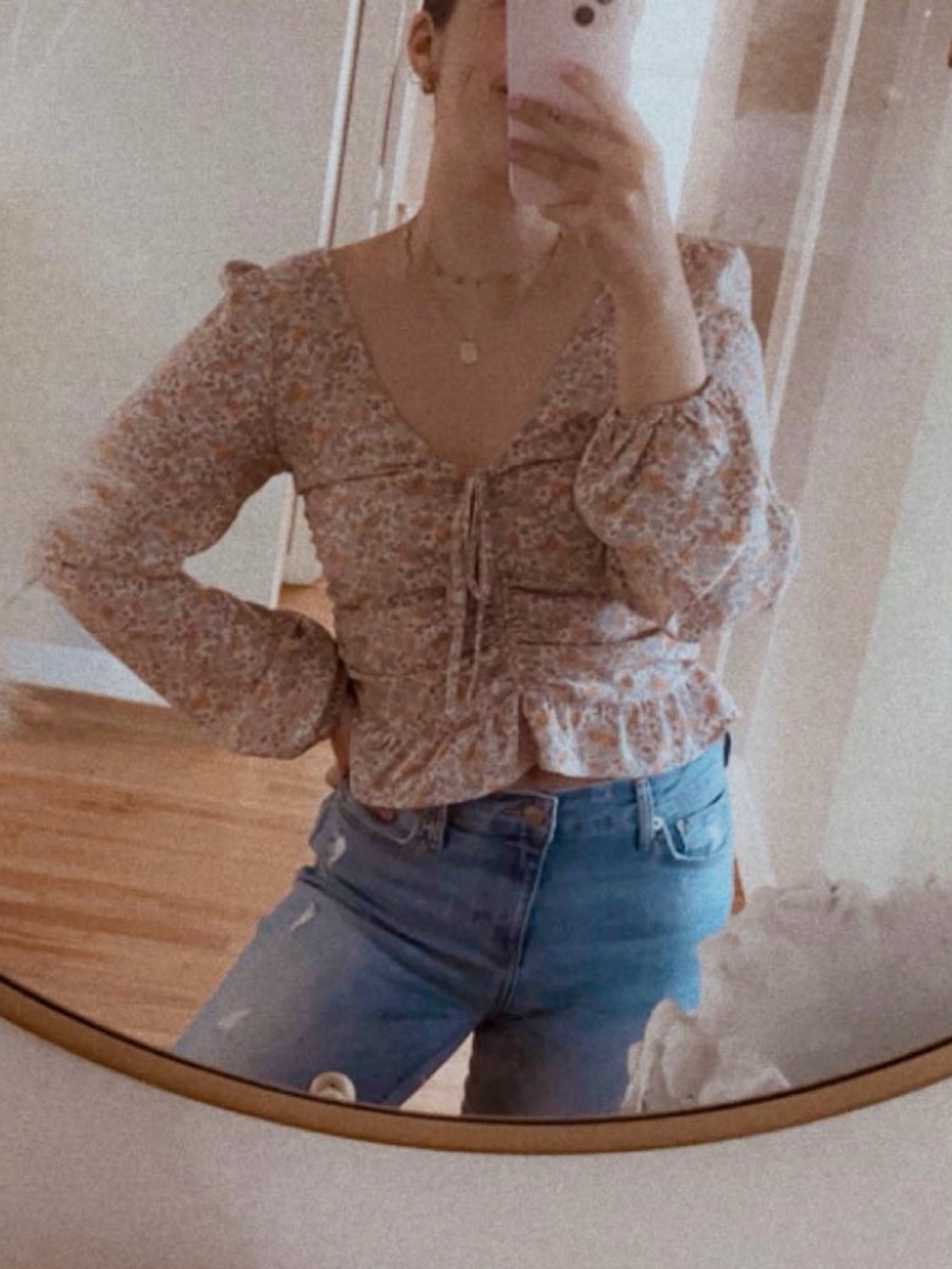 H&M Cream Floral Ruched Front Long-Sleeve Blouse